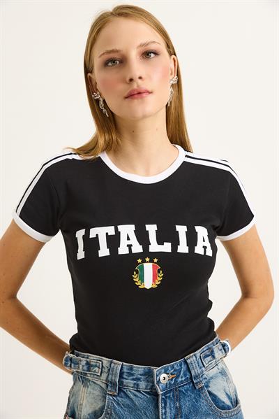 Bisiklet Yaka Baskılı Crop Tshirt Siyah