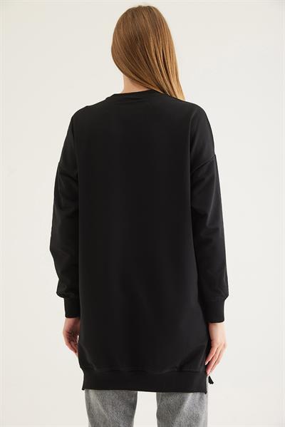 Deri Garnilli Taşlı İki İp Tunik Siyah