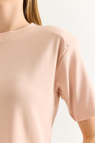 Vatkalı Bisiklet Yaka Basic Tshirt Pudra