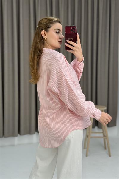 Kadın Uzun Kollu Oversize Gömlek Pembe