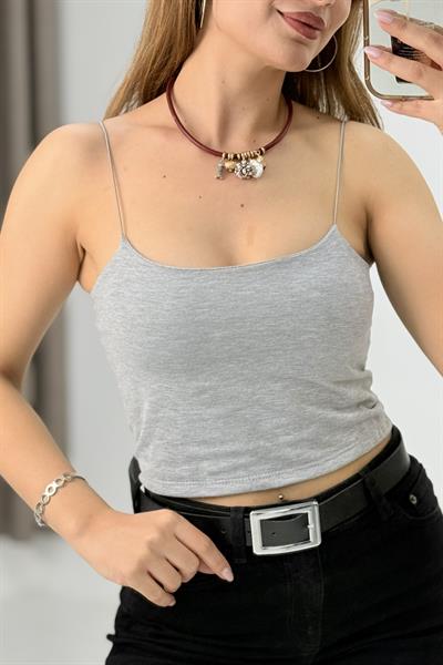 Kadın İp Askılı Crop Bluz Gri