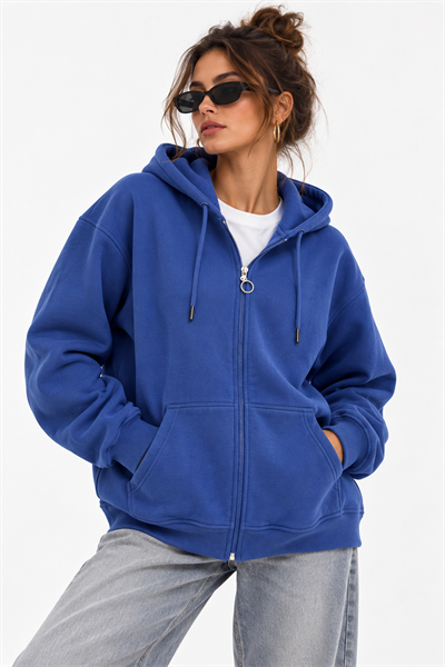 Kapüşonlu Fermuarlı Cepli Oversize Şardonlu Sweatshirt Lacivert