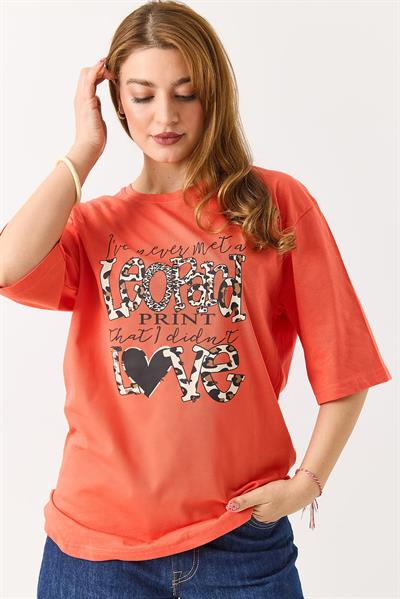 Kadın  Bisiklet Yaka Rahat Kesim Kısa Kol Tshirt Turuncu