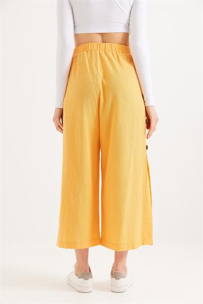 Yanları  Düğmeli  Bol Kesim Keten Pantolon  Hardal