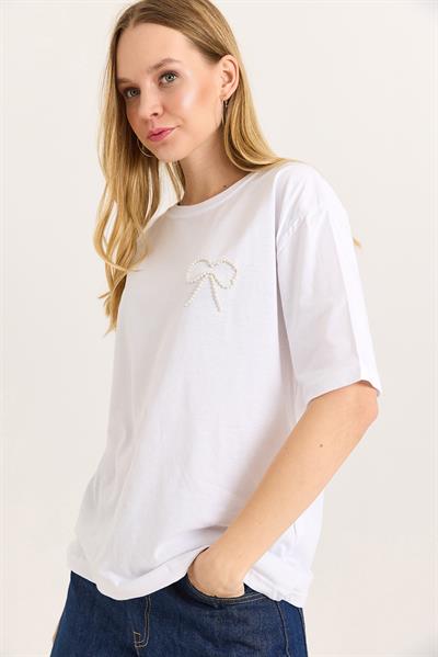 Fiyonk Detaylı Rahat Kesim Kadın Tshirt Beyaz