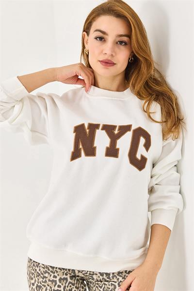 Kadın Bisiklet Yaka Üç İplik  NYC Baskılı SweatshirT Beyaz