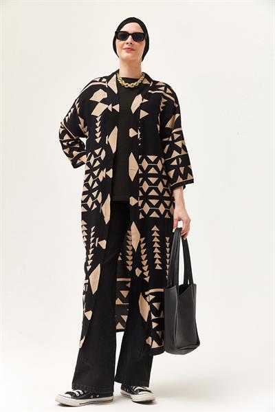 Oversize Şerit Detaylı Kimono Hırka Vizon