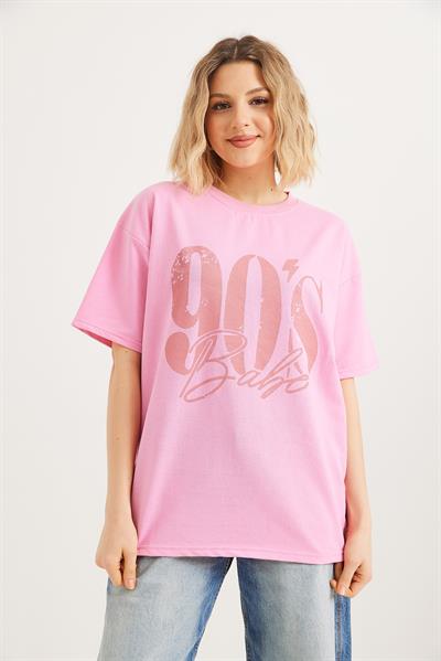 Bisiklet Yaka Kısa Kollu Tshirt Pembe