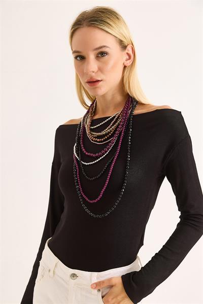 Kadın Geniş Yaka Uzun Kollu Bluz Siyah