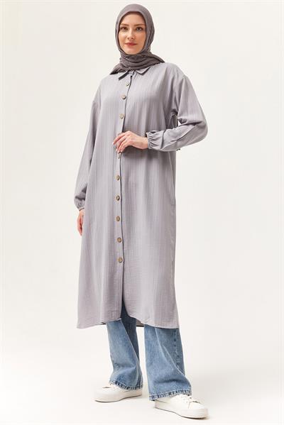 Keten Düğmeli Uzun Tesettür Tunik Gri