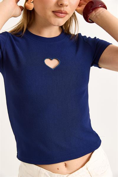 Kalp Detaylı Fitilli Örme Bluz Lacivert