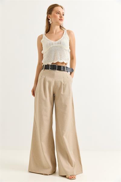 Keten Karışımlı Palazzo Pantolon Bej