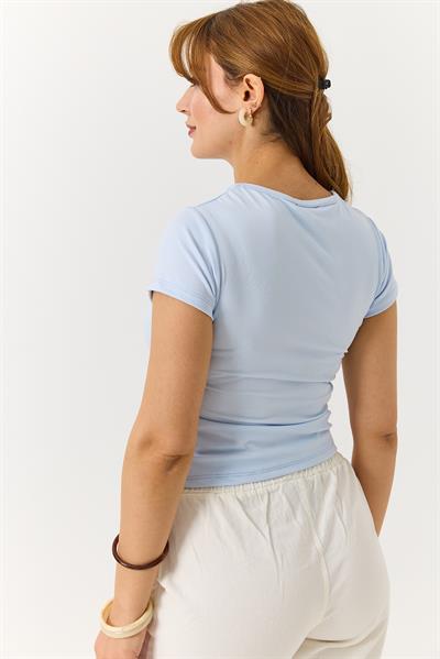 Kadın Basic Bisiklet Yaka Düz Tshirt Mavi