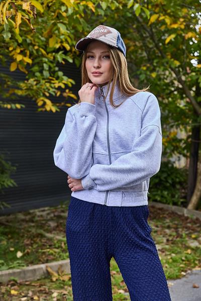 Kadın Fermuarlı Dikiş Detaylı Sweat Gri