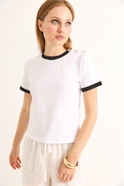 Bisiklet Yaka Kısa Kol Tshirt Beyaz