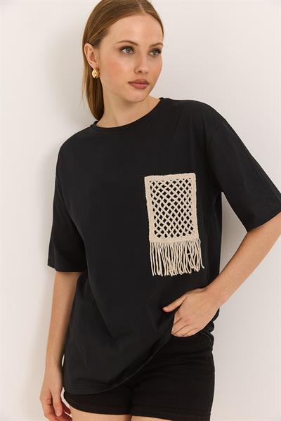 Hasır Cepli Yumuşak Dokulu Fit Tshirt Siyah
