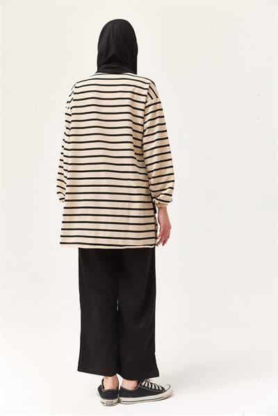 Fermuarlı Çizgili Gömlek Yaka Takım Siyah