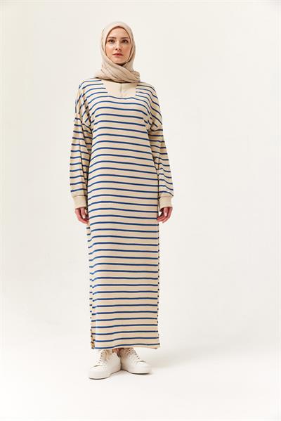 Yarım Fermuar Çizgili Uzun Elbise Lacivert