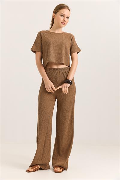 Bürümcük Kumaş İkili Crop Takım Taba