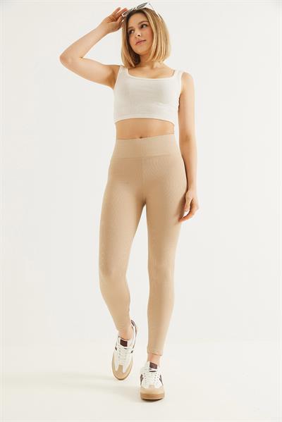 Yüksek Bel Fitilli Toparlayıcı Tayt Bej