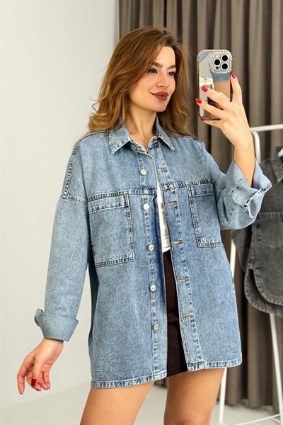 Kadın Oversize Çift Cepli Kot Gömlek / Ceket