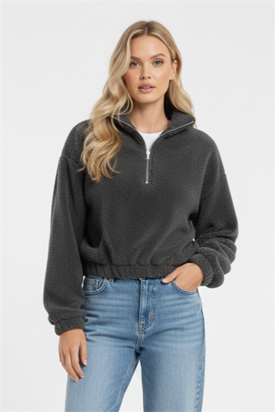 Kadın Yarım Fermuarlı Altı Büzgülü Antrasit Sweatshirt