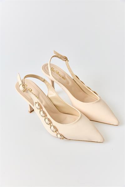 Kadın Sling-Back Yanı Zincir Detaylı Sivri Burun Stiletto Krem