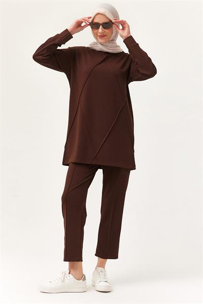 Kadın Çapraz Çizgili İkili Takım Kahve