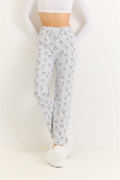 Kadın Renkli Tavşan Baskılı İnterlok Pamuk Pijama Altı Gri