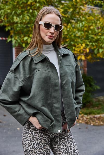 Kadın Kadife Kumaş Oversize Salaş Mont Yeşil