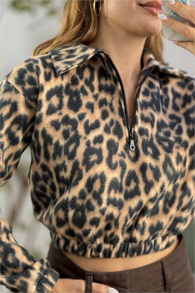 Leopar Desen Yarım Fermuarlı Polar Sweatshirt