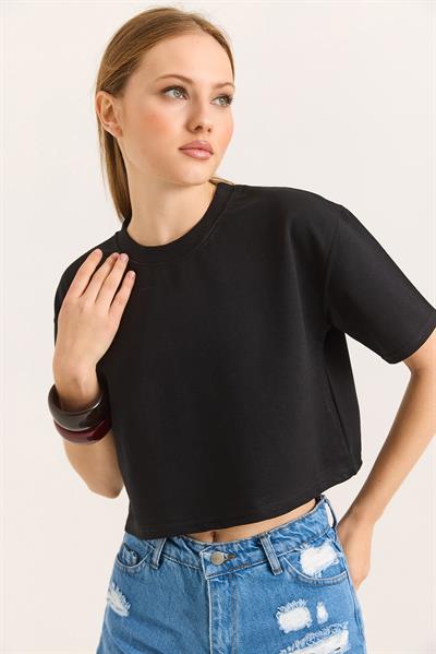 Bisiklet Yaka Havalı Crop İki İp Tshirt Siyah