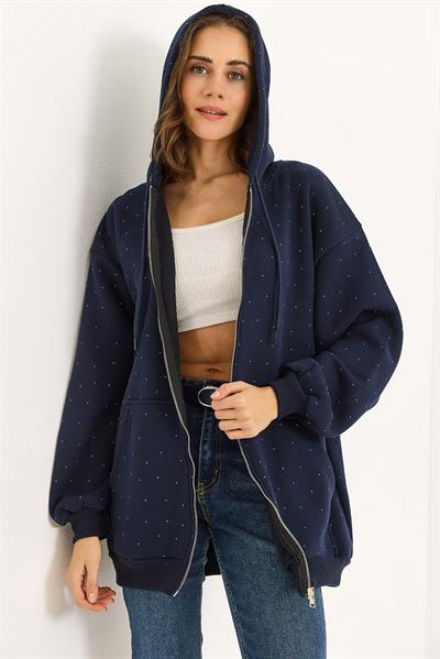 Kadın Taş Detaylı Üç İplik Oversize Kanguru Cep Sweat Hırka