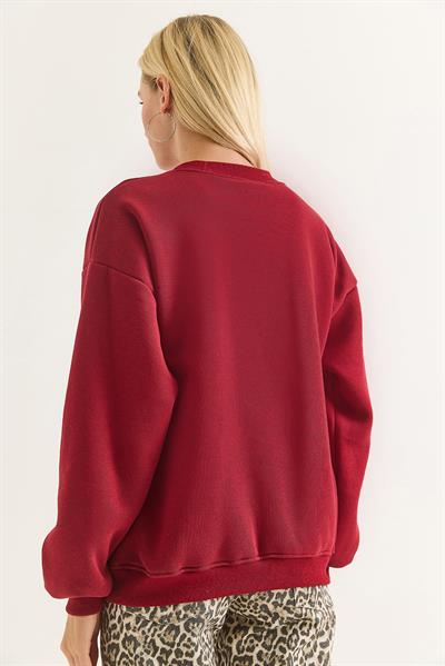 Kadın Üç İplik Leopar Baskılı Sweatshirt Bordo 