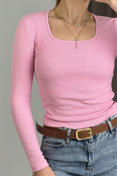 Kadın Fitilli Kare Yaka Uzun Kollu Bluz  Pembe