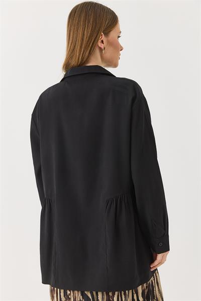 Siyah Oversize Eteği Fırfırlı  Düğmeli Yumuşak Dokulu Tunik Gömlek
