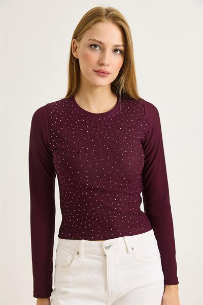 Kadın Ottoman Bisiklet Yaka Taşlı Bluz Bordo