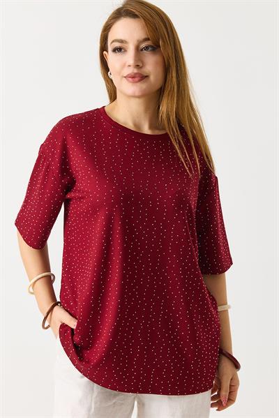 Kadın Taş Detaylı Bisiklet Yaka Oversize Tshirt Bordo
