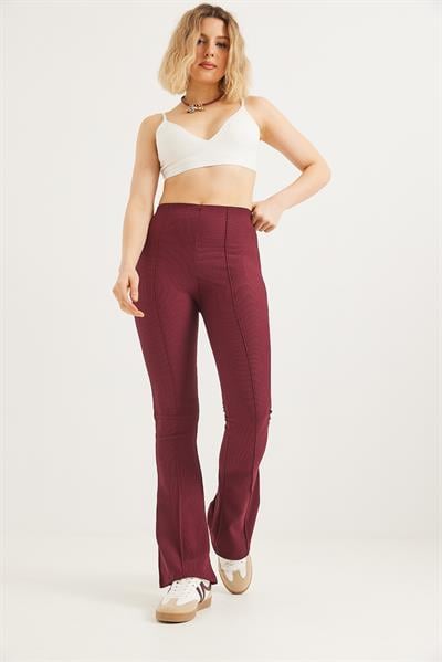 Yüksek Bel Çımalı Fitilli Pantolon Bordo
