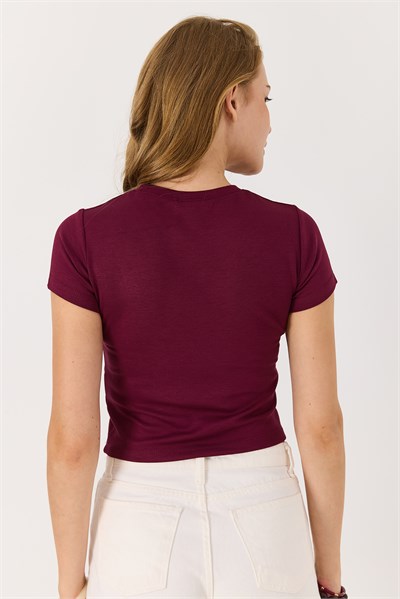 Kadın  Kısa Kollu Taşlı Crop Bluz Bordo