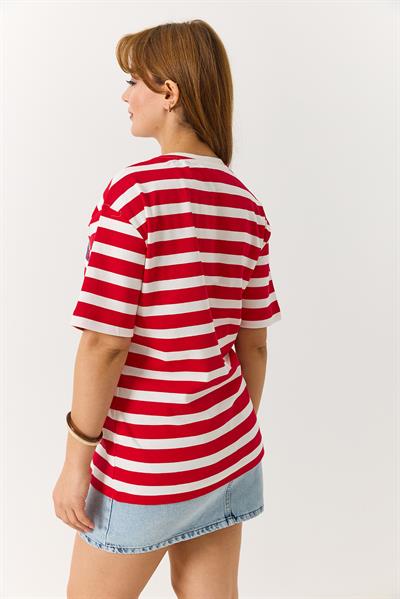 Kadın Çizgili Bisikilet Yaka Yazı İşlemeli Tshirt Kırmızı