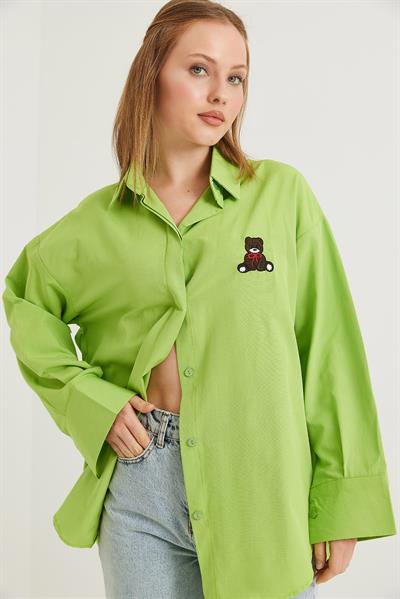 Ayıcık Nakışlı Oversize Basic Gömlek Açık Yeşil