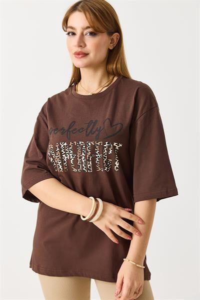 Kadın Bol Kesim Bisiklet Yaka Kısa Kol Tshirt Kahverengi