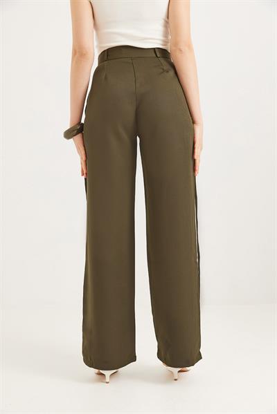 Yanları Şeritli Bol Paça Pantolon Haki