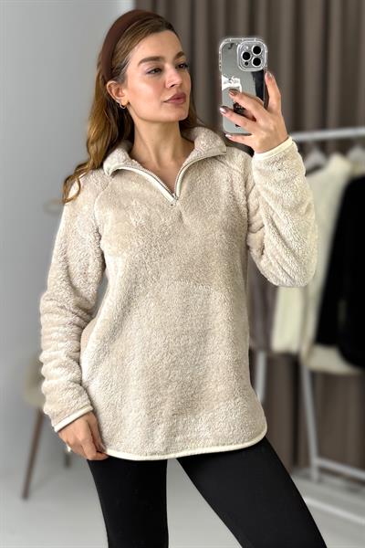 Kadın Yarım Fermuarlı  Welsoft Peluş Bej Sweatshirt 