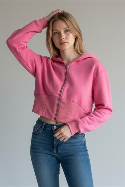 Kadın Kapüşonlu Fermuarlı Pembe Crop Sweat