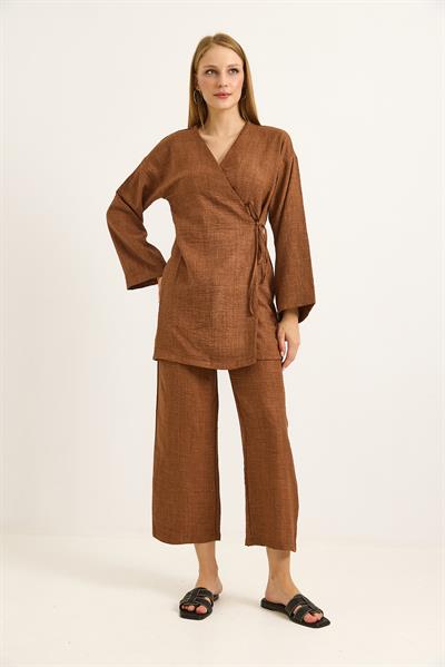 Yandan Bağlamalı Kimono Pantolon İkili Takım Taba