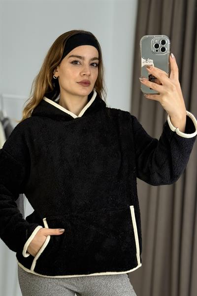 Kadın Kapüşonlu Şerit Detaylı Welsoft Ekru Siyah