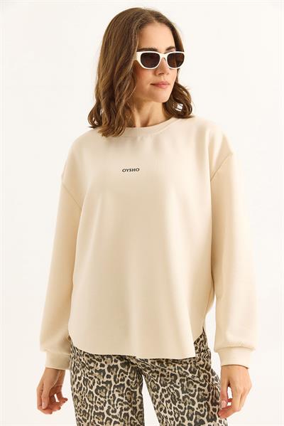 Kadın Modal Kumaş Yazı Baskılı Bej Sweat