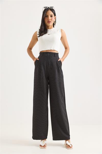 Çizgi Desenli Bol Paça Yüksel Bel Pantolon Siyah